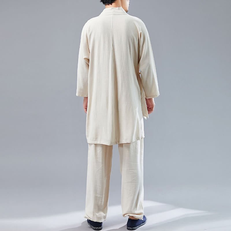 Beige Buddhist meditation uniform back view showing long tunic top and full-length pants