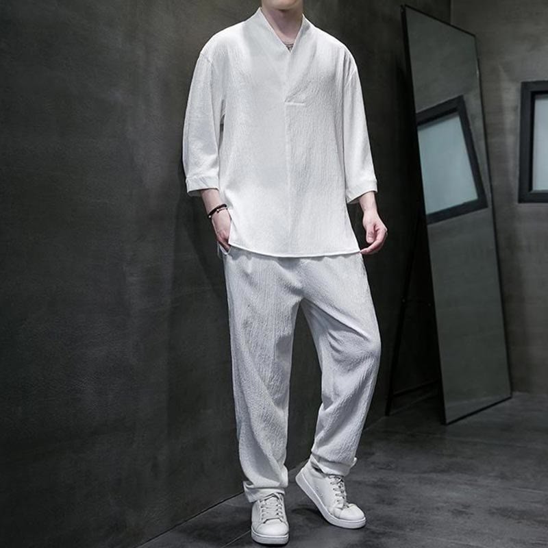 Mens Buddhist two-piece casual set front-side angle white three-quarter sleeve shirt gray pants pockets