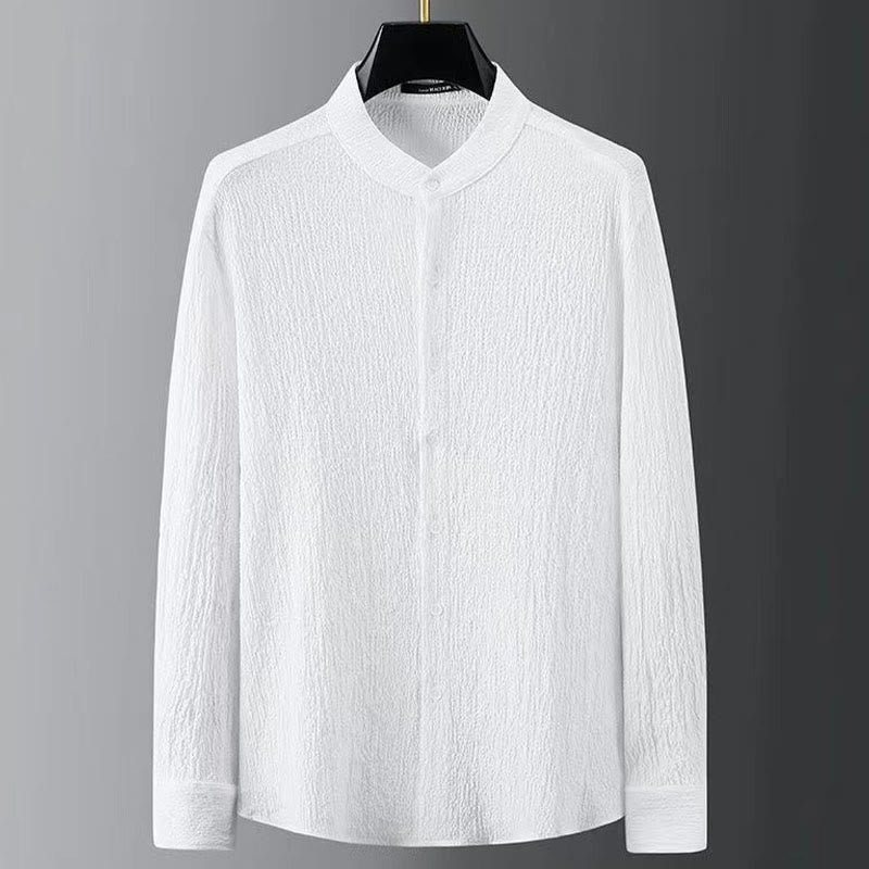 Men's white Buddhist meditation linen long sleeve shirt, front view with hidden button front