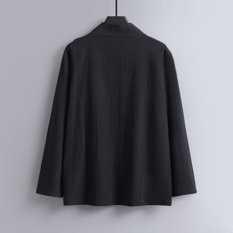 Back view of black traditional cross-collar Hanfu top showing seamless collar design