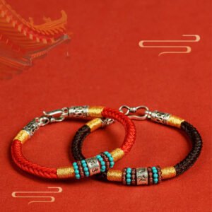 Pair of red and black Buddhist string bracelets with Om Mani Padme Hum mantra beads and 925 sterling silver charms