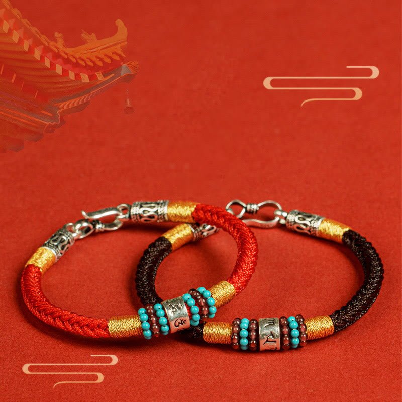 Pair of red and black Buddhist string bracelets with Om Mani Padme Hum mantra beads and 925 sterling silver charms