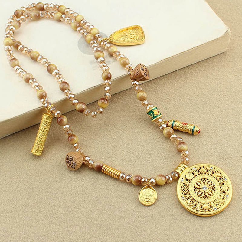 Tibetan Lotus Round Plate Golden Tiger Eye Beads Necklace Pendant - Image 3