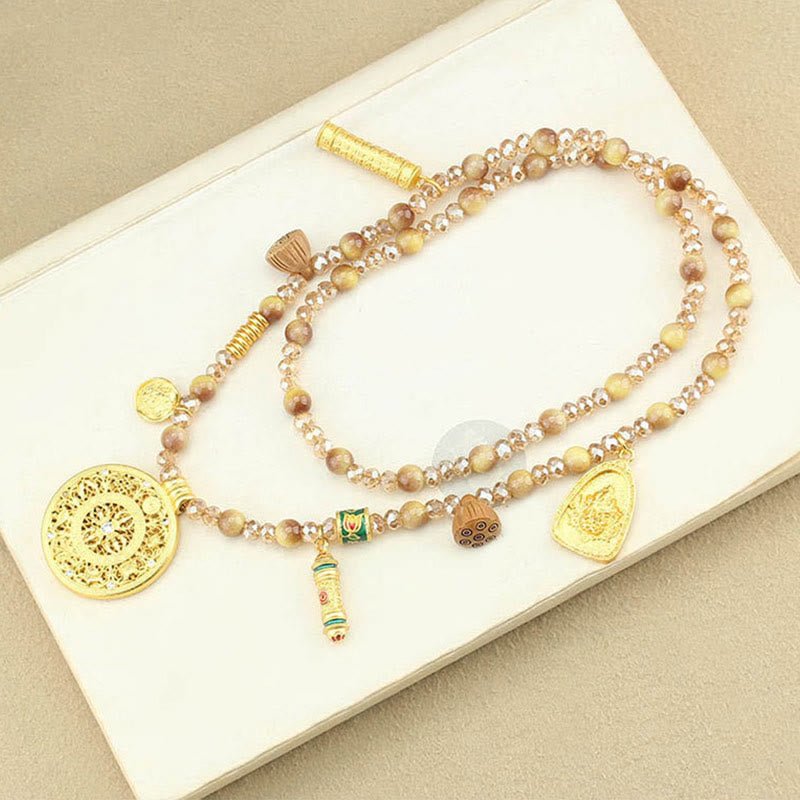 Tibetan Lotus Round Plate Golden Tiger Eye Beads Necklace Pendant - Image 11