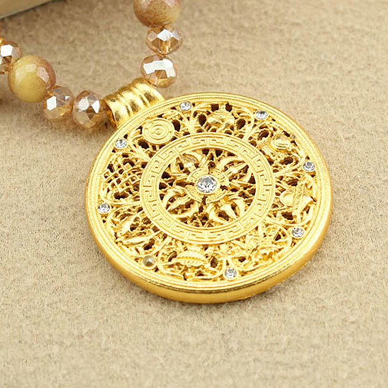 Tibetan Lotus Round Plate Golden Tiger Eye Beads Necklace Pendant - Image 14