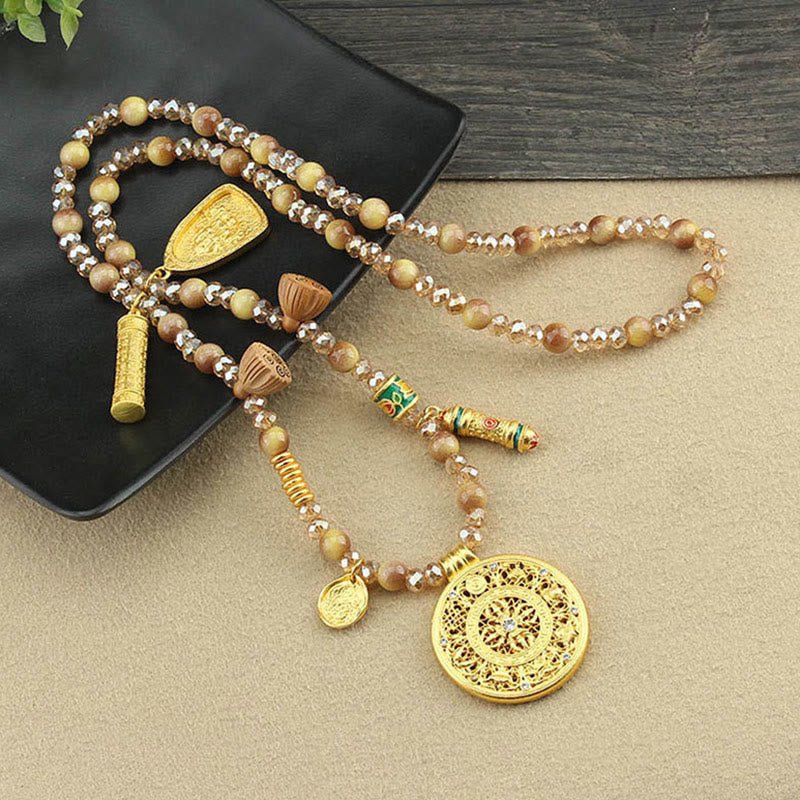 Tibetan Lotus Round Plate Golden Tiger Eye Beads Necklace Pendant - Image 8