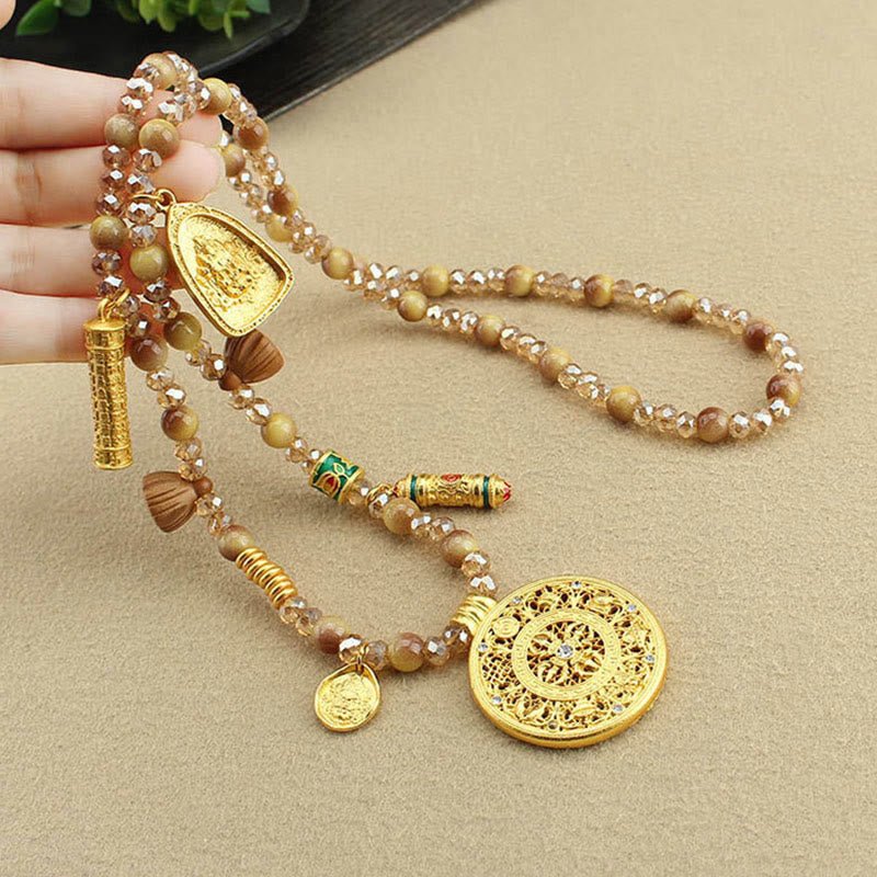 Tibetan Lotus Round Plate Golden Tiger Eye Beads Necklace Pendant - Image 5