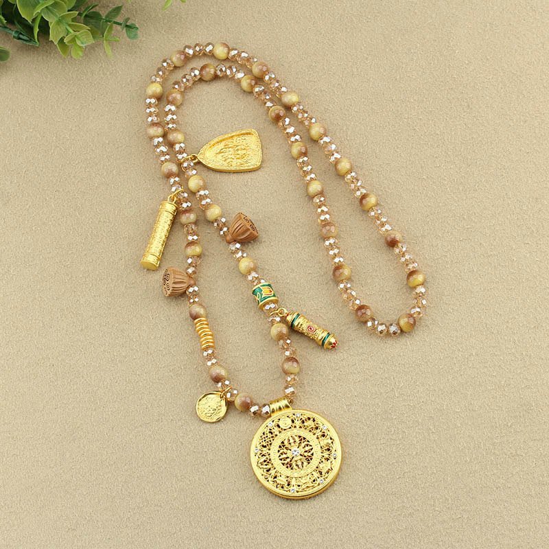 Tibetan Lotus Round Plate Golden Tiger Eye Beads Necklace Pendant - Image 10