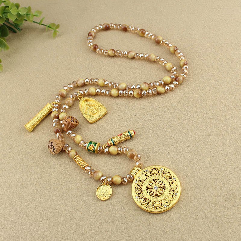 Tibetan Lotus Round Plate Golden Tiger Eye Beads Necklace Pendant - Image 9