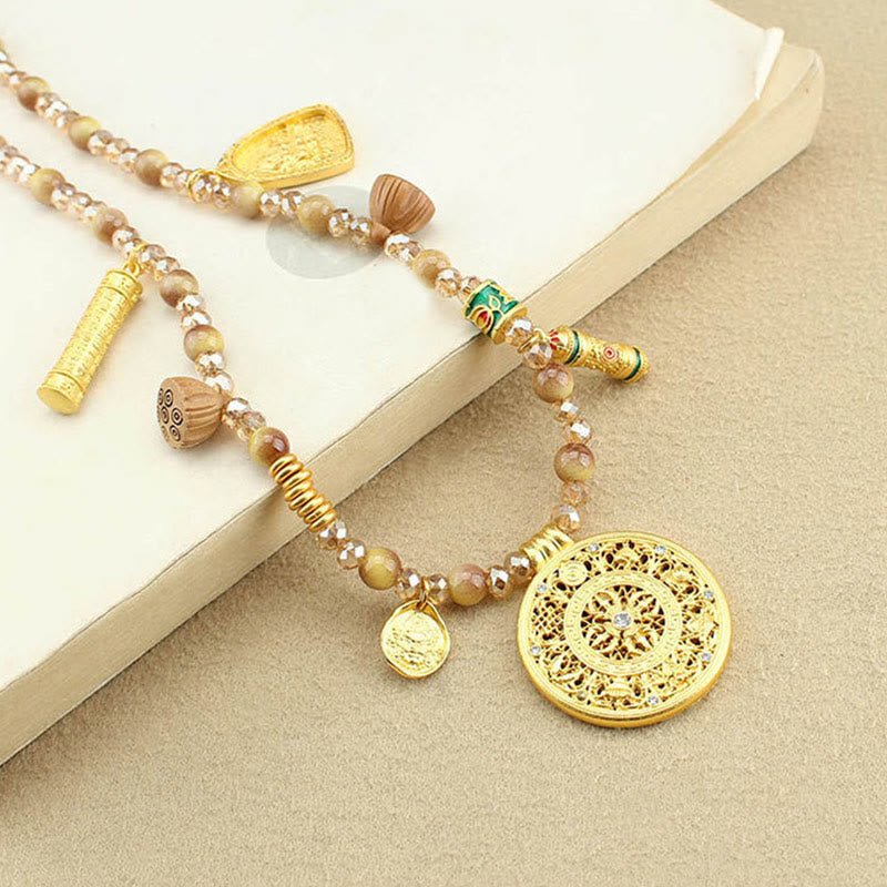 Tibetan Lotus Round Plate Golden Tiger Eye Beads Necklace Pendant - Image 2
