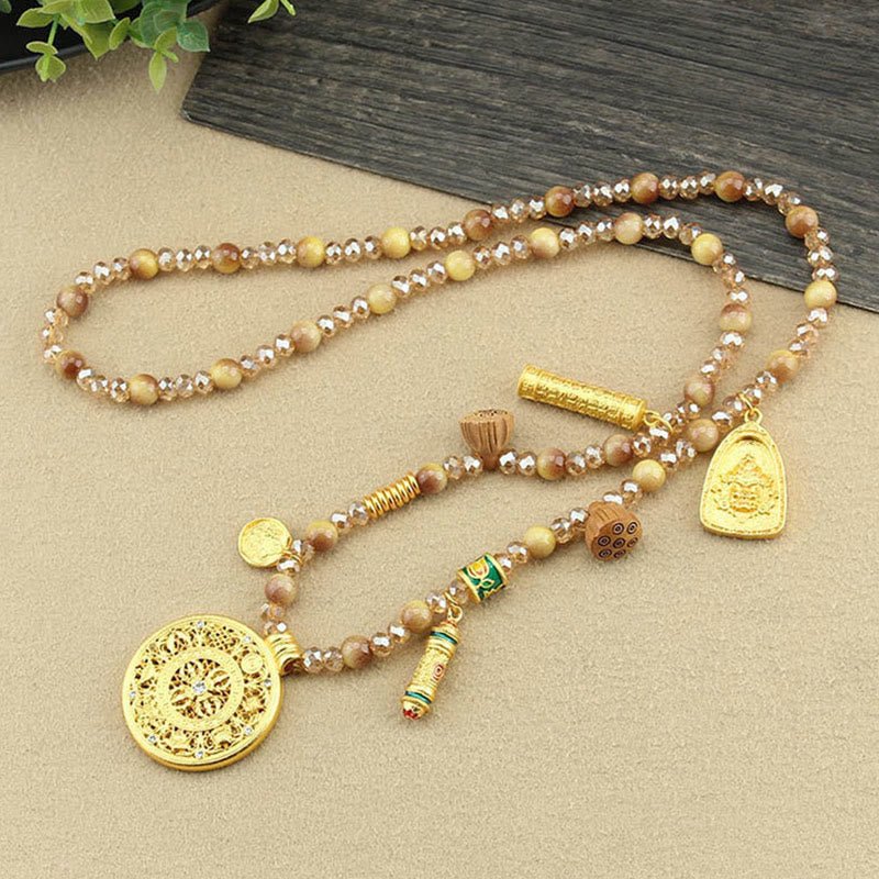 Tibetan Lotus Round Plate Golden Tiger Eye Beads Necklace Pendant - Image 4