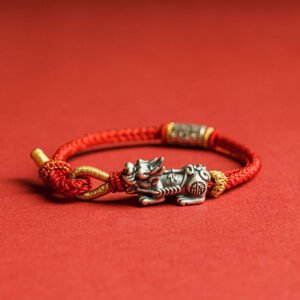 Sterling silver Pixiu red string bracelet side view with braided cord and engraved silver tube on red backdrop