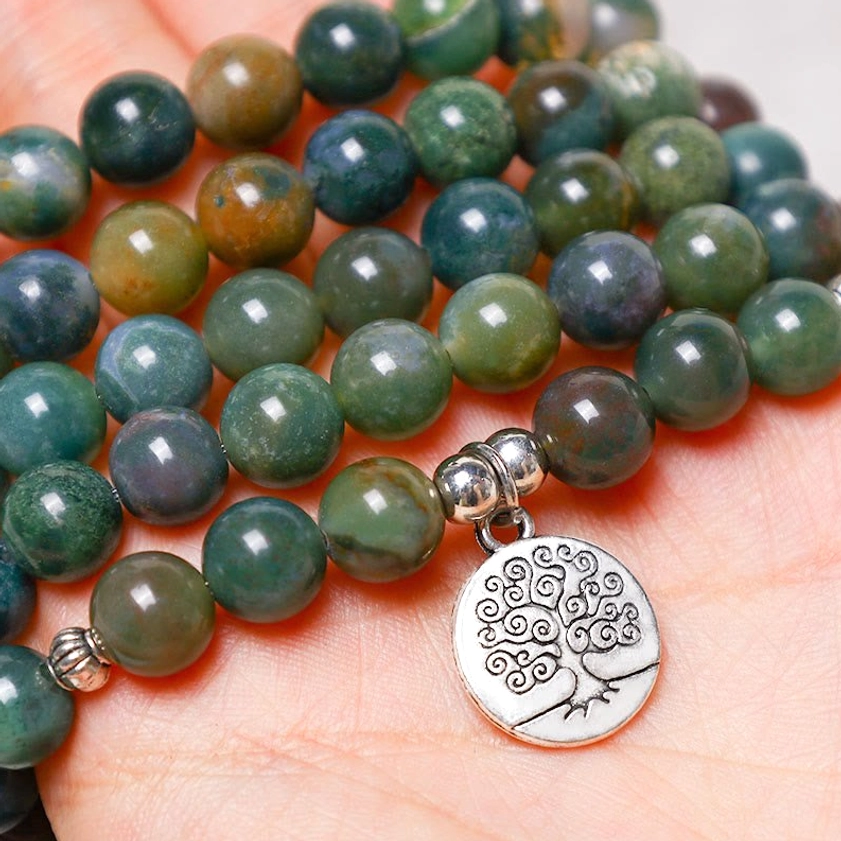 108 Bead Indian Agate Mala Bracelet Set with All Four Buddhist Symbol Variants