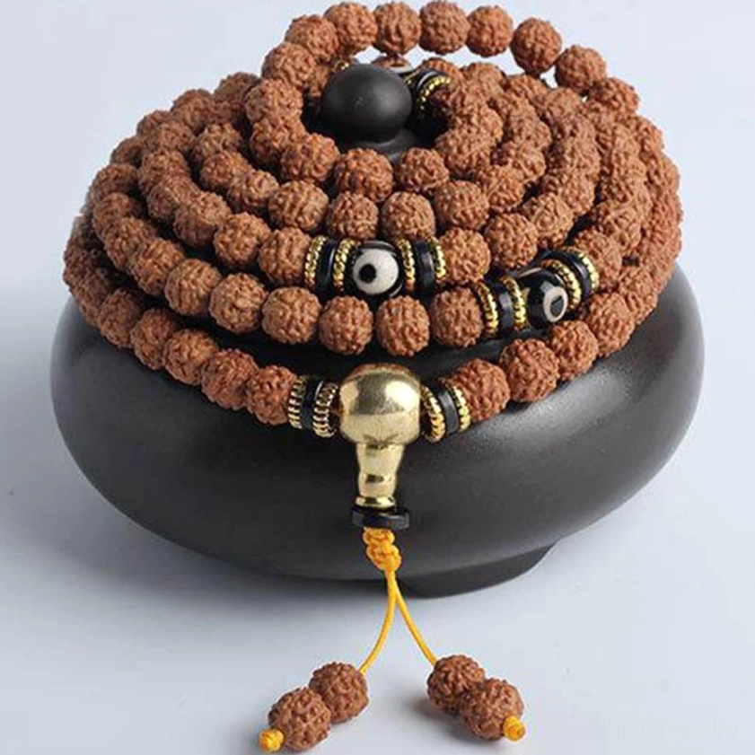 Complete 108 Bead Buddhist Mala Coiled with Brass Guru Bead and Yellow Tassel