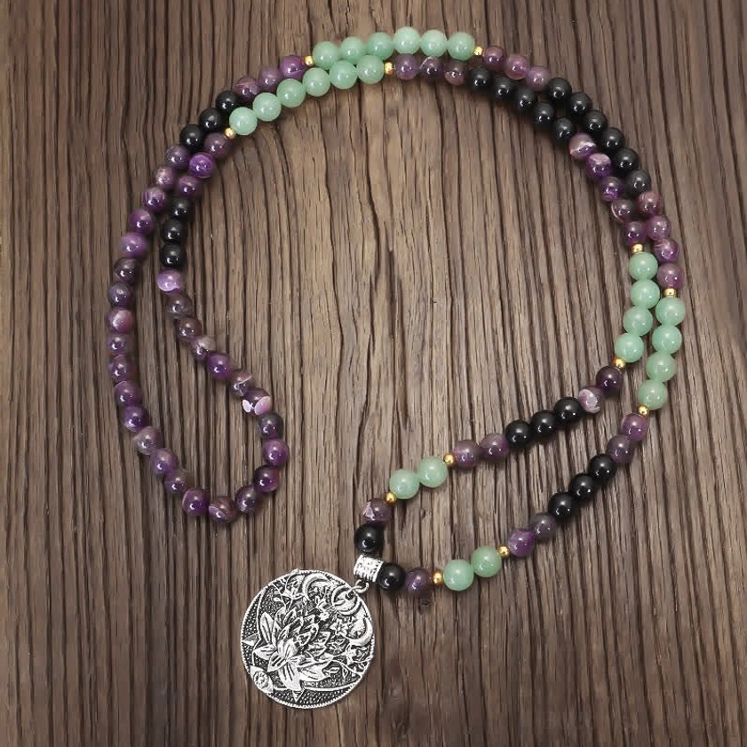 long mala meditation necklace with purple amethyst and green aventurine beads, looped display showing full 86cm length with lotus pendant