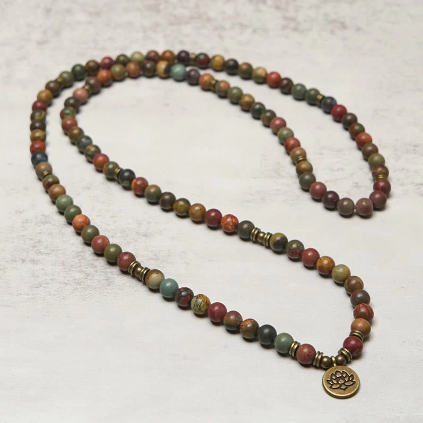 Long 108 bead Buddhist mala prayer necklace strung with stone beads and lotus pendant