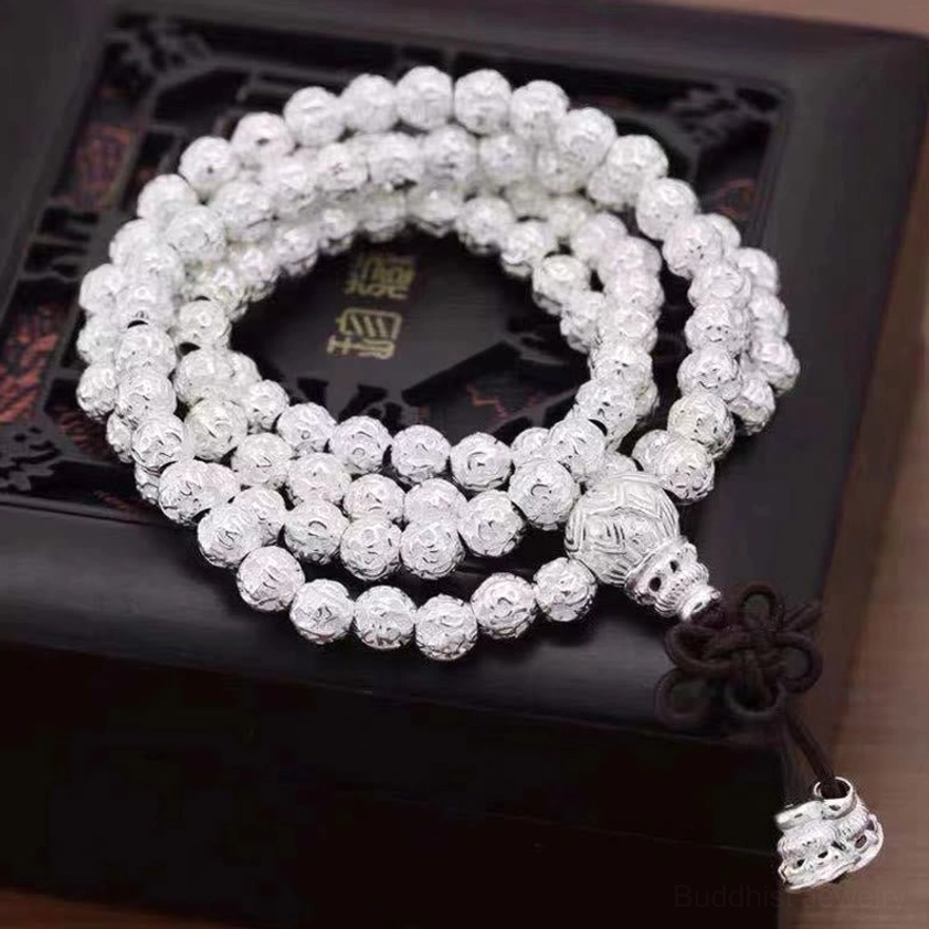 Extended 108-bead mala bracelet in silver alloy with full mantra engravings for complete spiritual practice