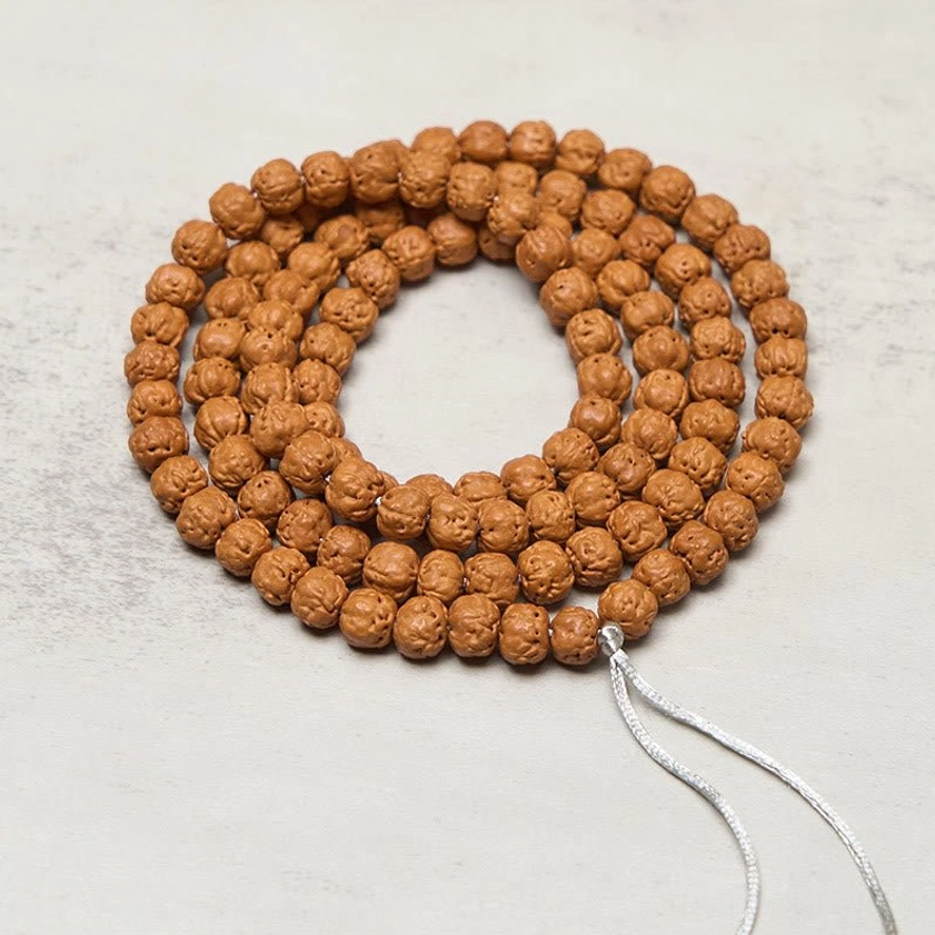 Bodhi seed Buddhist prayer mala compact arranged bead view with textured brown seeds and silver tassel detail shot