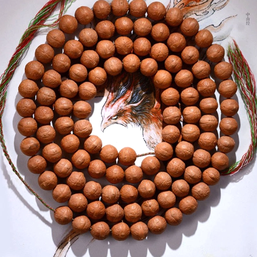 108 Bodhi seed meditation mala bracelet with multicolored woven tassel, full view