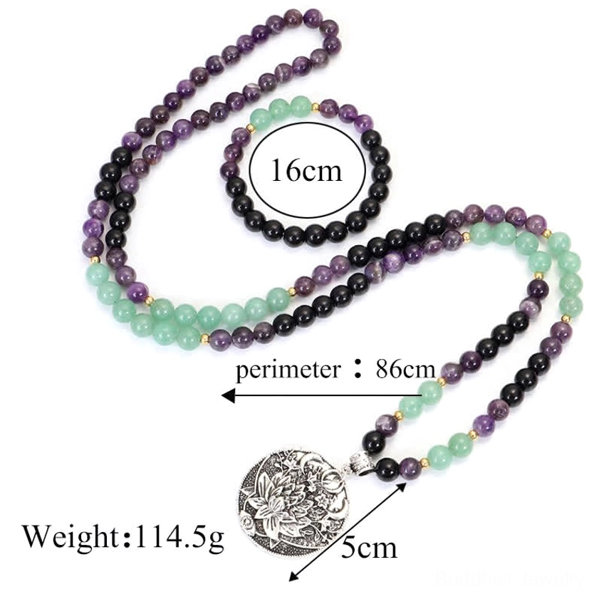 authentic Buddhist 108 mala beads with lotus charm, showing full product details and natural stone characteristics