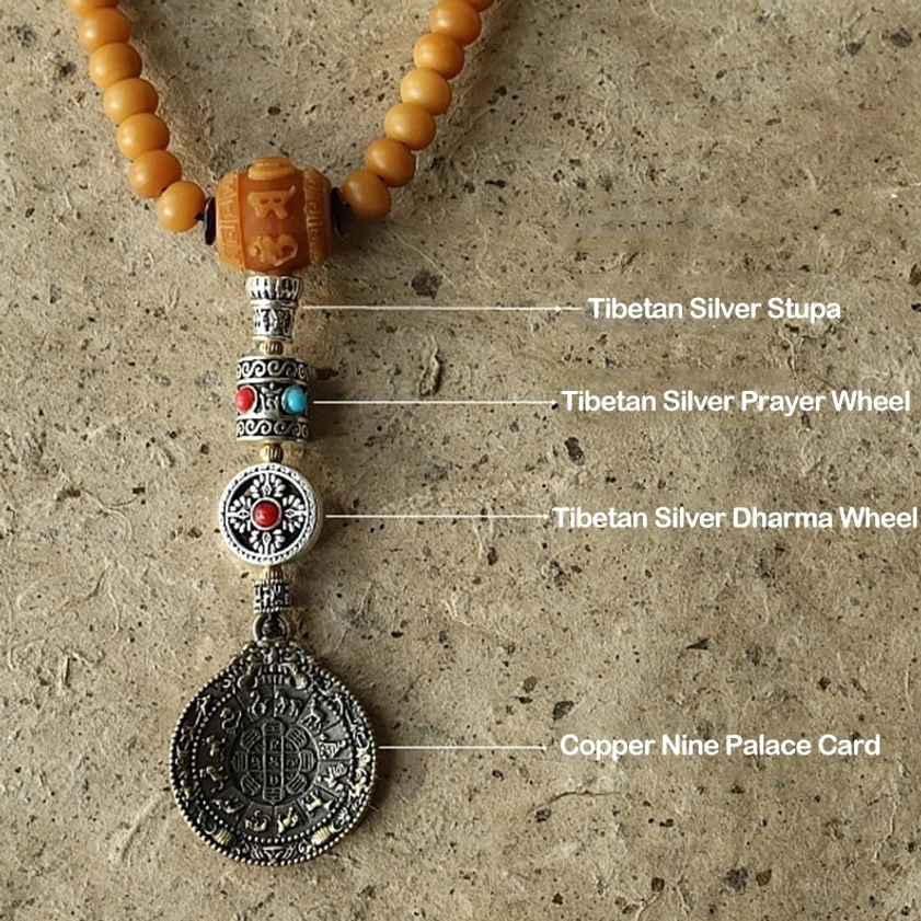 Detailed Buddhist 108 Mala Set with Tibetan Ritual Silver Parts, Copper Bagua Pendant and Brown Bodhi Beads