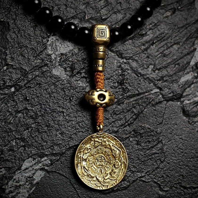 Complete 108 bead Buddhist mala with brass guru bead bagua charm and tiger eye accents