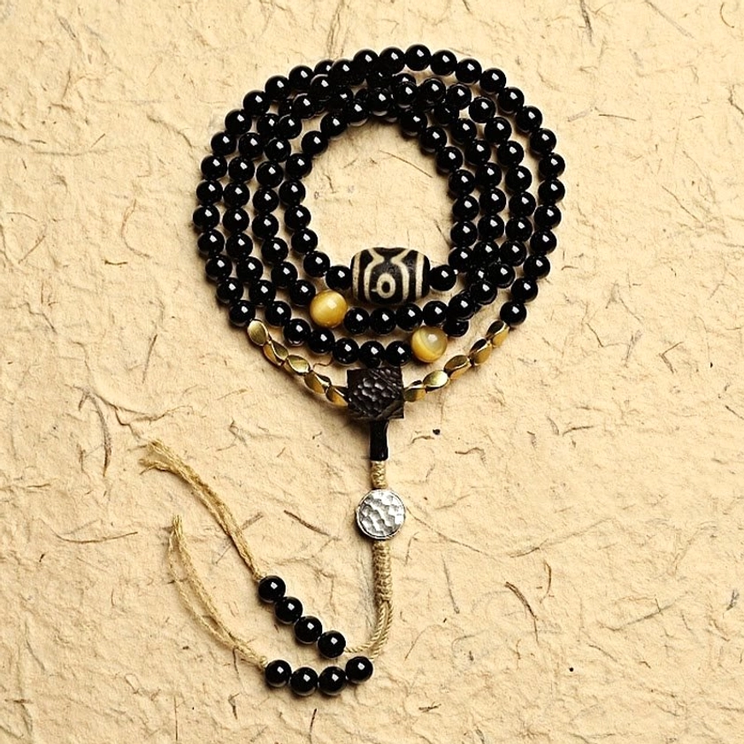 108 mala beads bracelet black onyx dzi bead product showcase multiple angle view