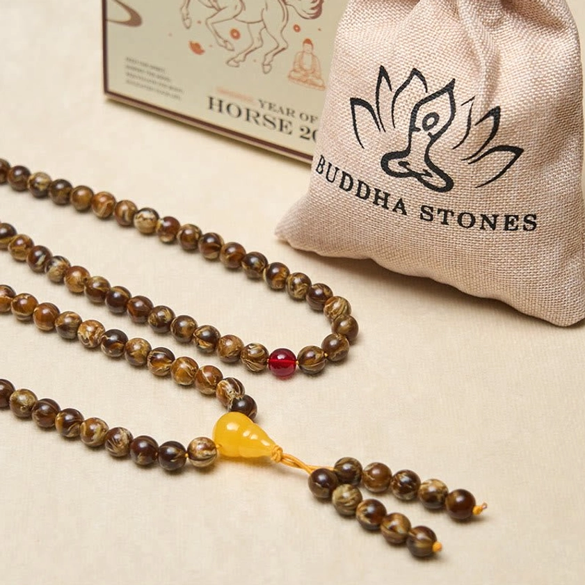 108 amber mala beads with gourd charm in luxury gift box and dust bag packaging - Buddhist prayer beads set