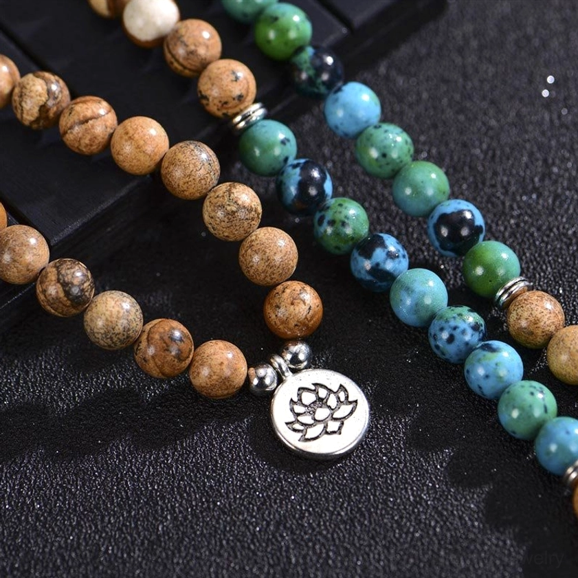 Close-Up 108 Buddhist Mala Bracelet with Large Silver Lotus Charm, Natural Bodhi and Jasper Stone Beads