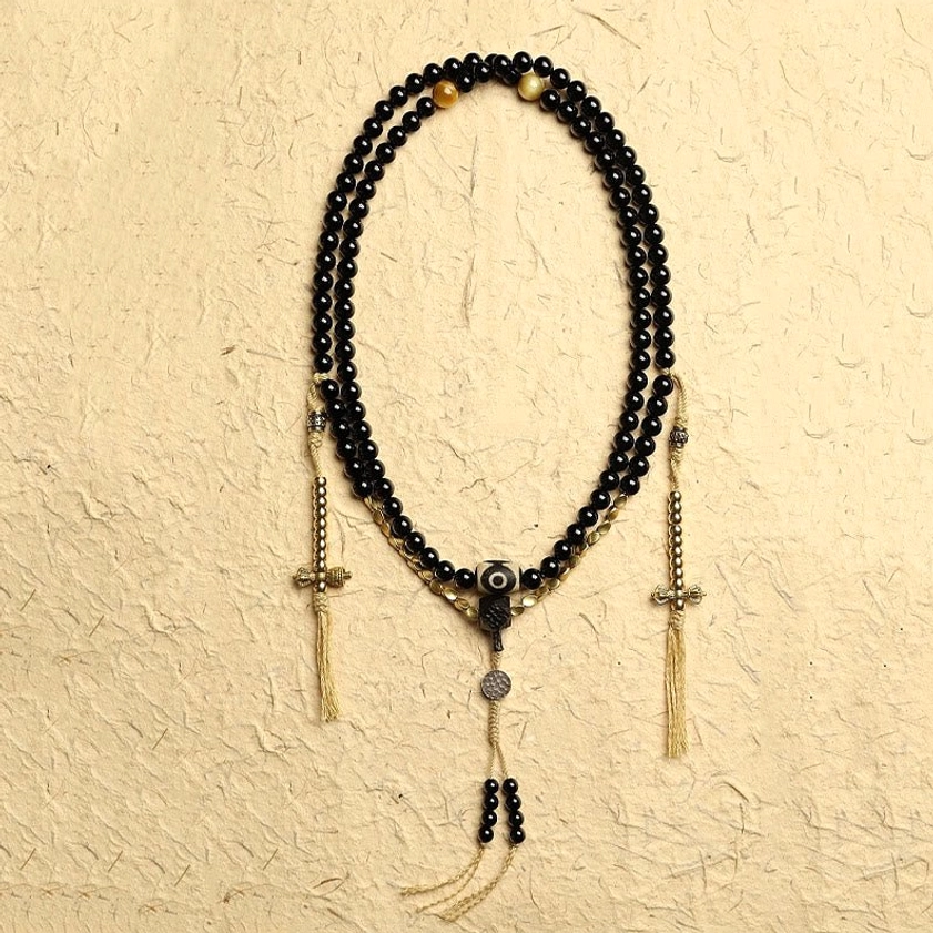 Complete 108 mala beads necklace with black onyx three-eyed dzi bead and tassel full display