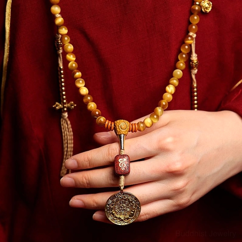 108 Mala Beads Tiger Eye with protective symbols - authentic Buddhist prayer tool for spiritual growth