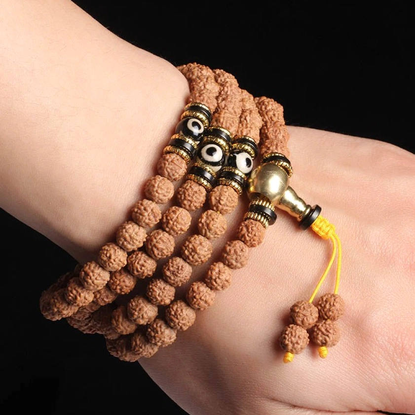 Worn on Wrist: Buddhist Prayer Mala Bracelet with Yellow Tassel Pendant Charms