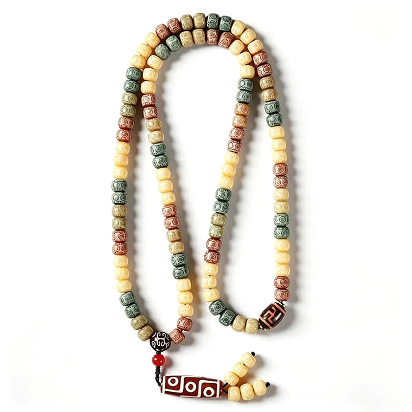 108 mala prayer beads hanging double strand with protective dzi symbol