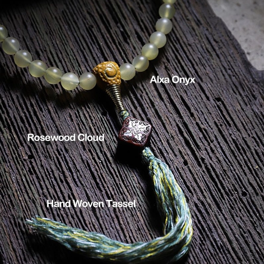 108 mala bracelet detail showing guru bead and quality natural bead materials
