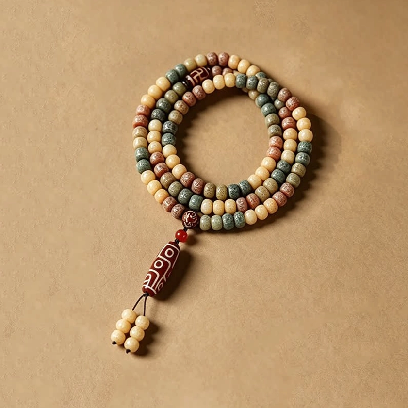 Buddhist 108 mala prayer beads with dzi pendant and tassel - overhead view