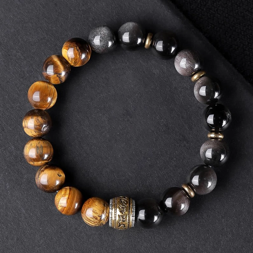 10mm Silver Sheen Obsidian and Tiger's Eye Buddhist bracelet with Om Mani Padme Hum charm, perfect size for average wrist circumference