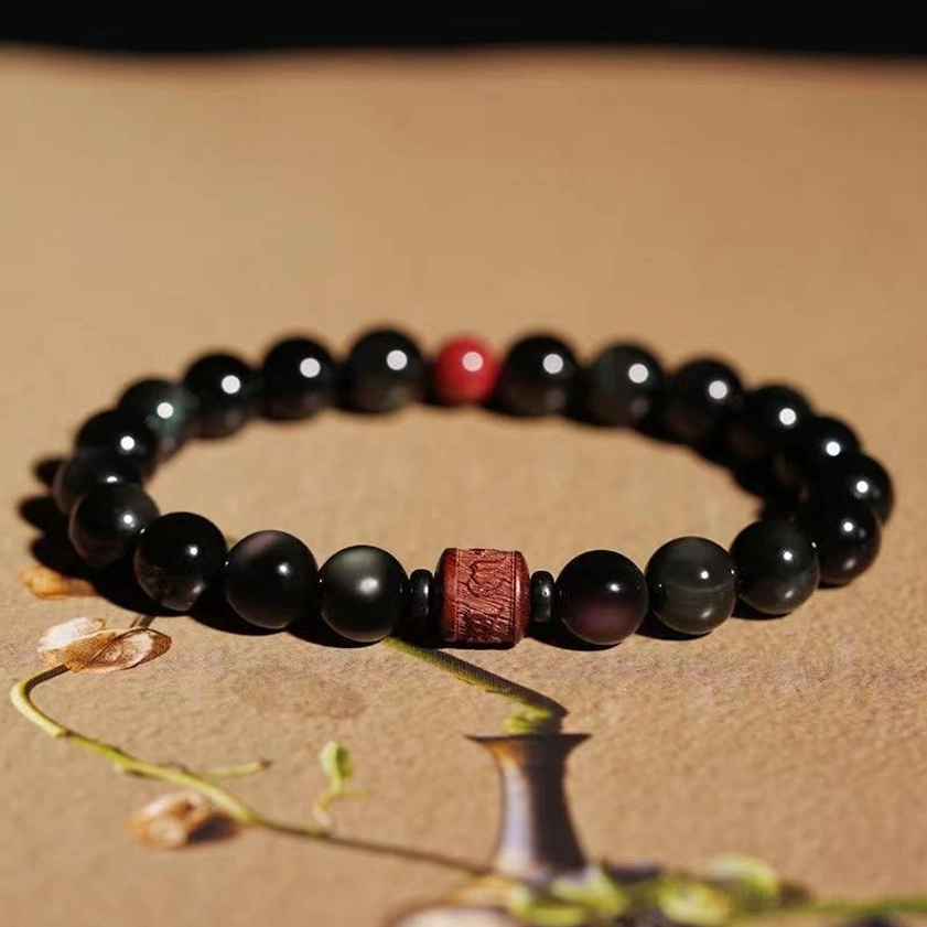 10mm Rainbow Obsidian Cinnabar Om Mani Padme Hum bracelet balanced size for most adult wrists