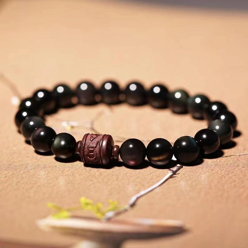 10mm Rainbow Obsidian Om Mani Padme Hum bracelet with sacred mantra for meditation and spiritual connection