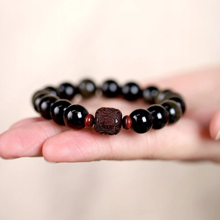 10mm Rainbow Obsidian Om Mani Padme Hum bracelet with iridescent sheen and spiritual meaning for positive transformation
