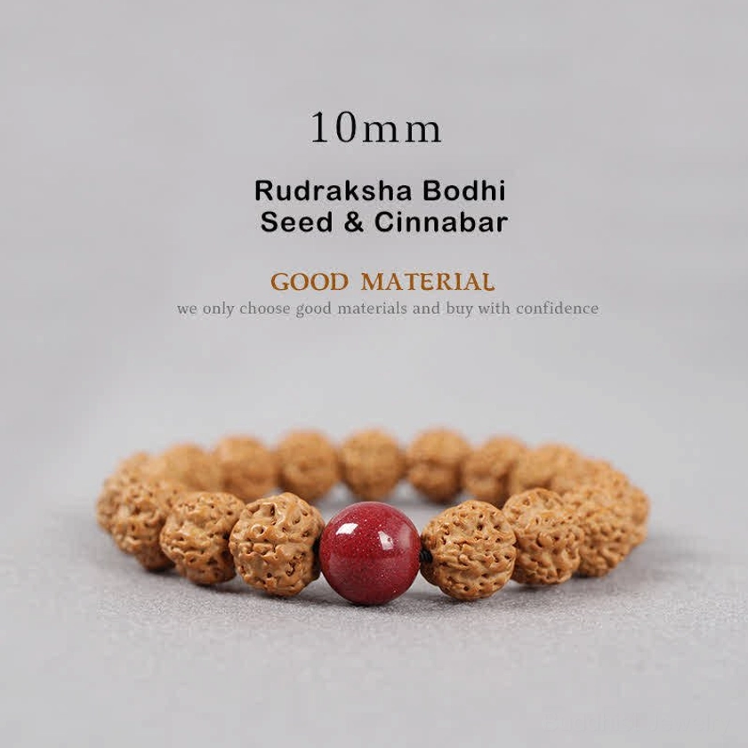 10mm Rudraksha Bodhi Seed and Cinnabar bracelet medium sized sacred beads with deep red cinnabar for transformation and prosperity