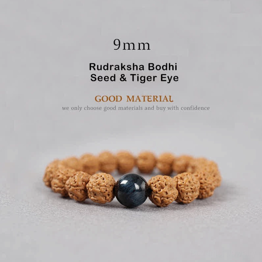 10mm Rudraksha Bodhi Seed bracelet collection showing various material combinations including Dzi Bead Amber Turquoise and gemstone accents