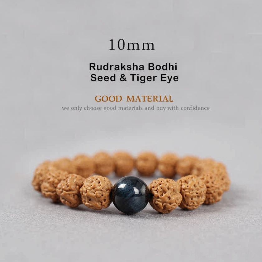 10mm Rudraksha Bodhi Seed and Tiger Eye bracelet showing brown seeds with golden striped tiger eye bead for focus and personal strength