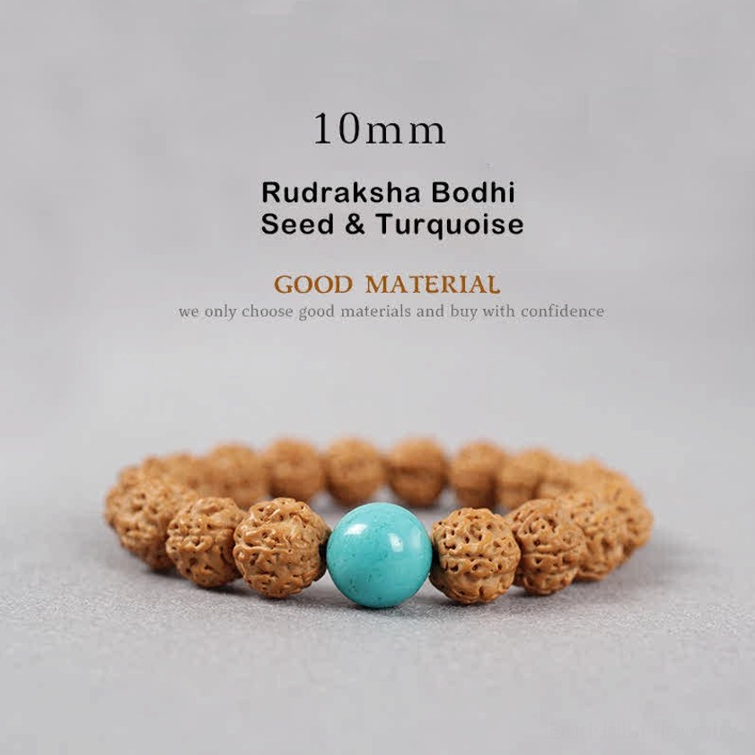 10mm Rudraksha Bodhi Seed and Turquoise bracelet displaying medium brown seeds with blue turquoise bead for communication and spiritual clarity