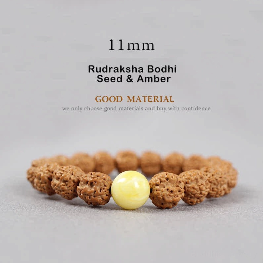 11mm Rudraksha Bodhi Seed and Amber bracelet large size with prominent brown textured seeds and golden amber bead for warmth and healing