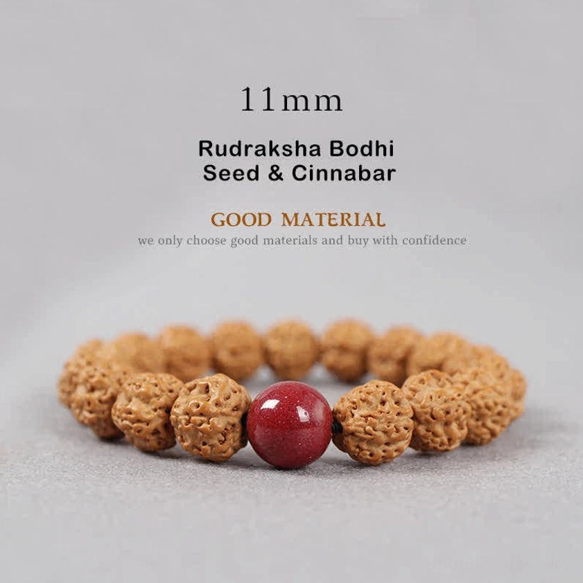 11mm Rudraksha Bodhi Seed and Cinnabar bracelet large size sacred Buddhist beads with deep red cinnabar for wealth and transformation
