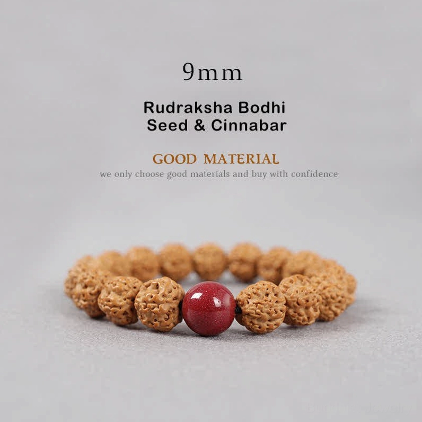 Rudraksha Bodhi Seed and Cinnabar bracelet 11mm showing natural brown textured seeds with deep red cinnabar bead for wealth manifestation