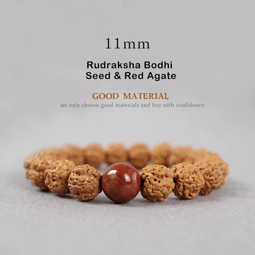 11mm Rudraksha Bodhi Seed and Red Agate bracelet large size with prominent natural brown textured seeds and dark red agate bead