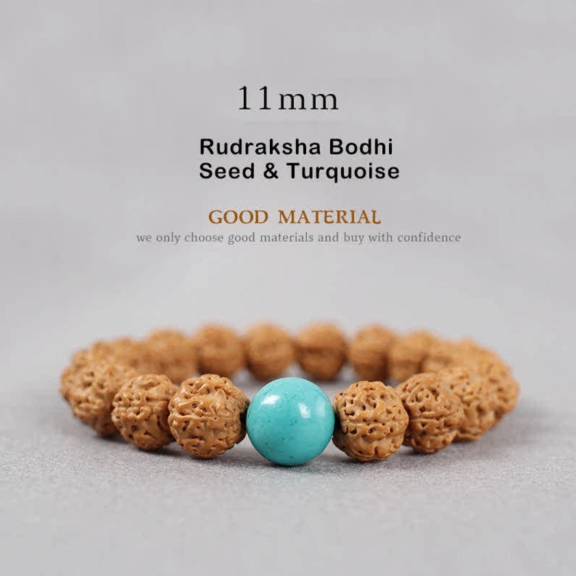 11mm Rudraksha Bodhi Seed and Turquoise bracelet larger size showing brown seeds with blue turquoise accent for spiritual communication