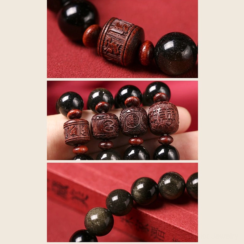 Gold sheen obsidian 12mm beads Fu character bracelet with cinnabar accents for good fortune and happiness