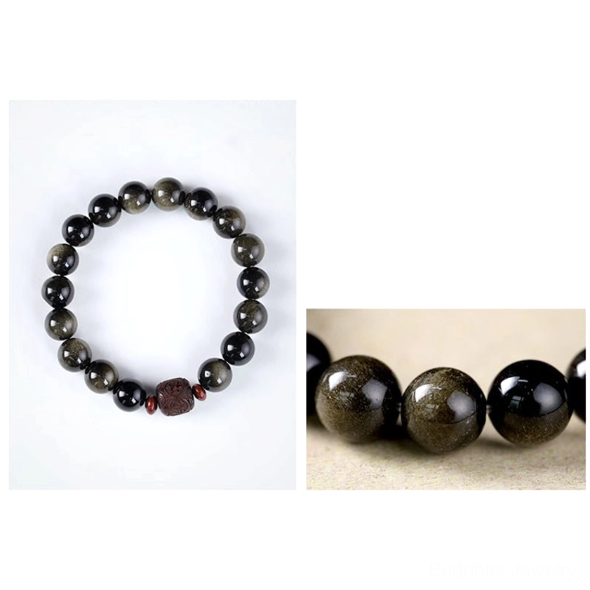 12mm Rainbow Obsidian Cinnabar bracelet with sacred mantra carving for emotional healing and inner peace